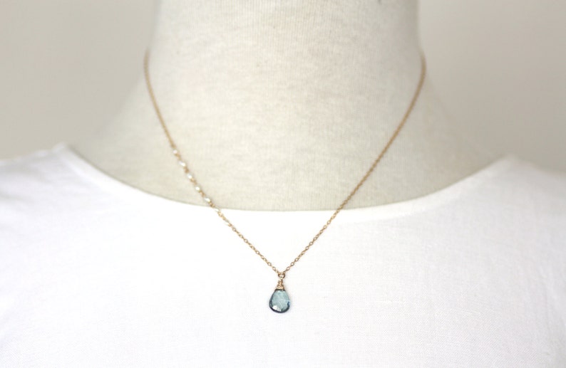 Modern Comfortable Jewelry by Azki Gift for Woman Light Smoky Blue Quartz Gemstone Pendant Necklace on Gold Minimal
