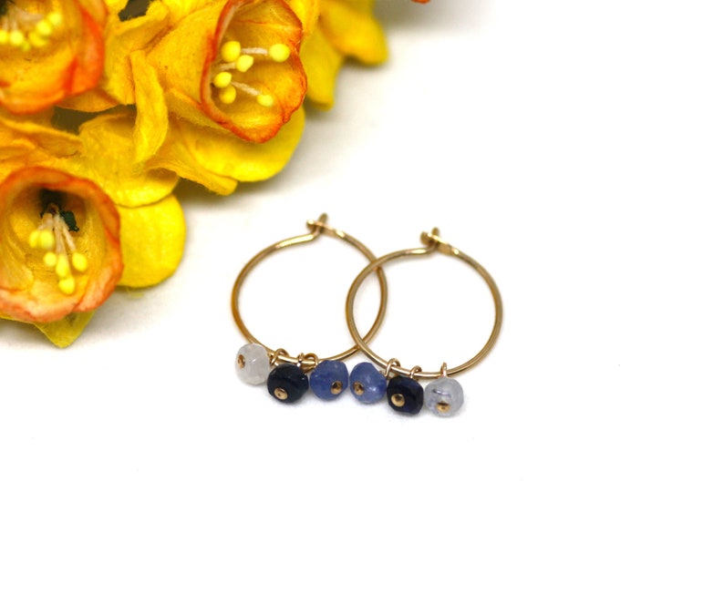 Light Comfortable Minimal Feminine Everyday September Birthstone Sapphire Hoop Earrings in Gold Filled Natural Ombr\u00e9 Blue Gemstones