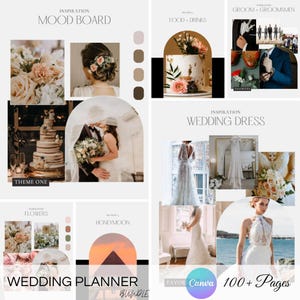 May include: A wedding planner mood board with images of flowers, cakes, dresses, and a groom and groomsmen. The board is divided into sections for inspiration, food and drinks, wedding dress, and honeymoon. The text "Wedding Planner Bundle" is at the bottom of the board.