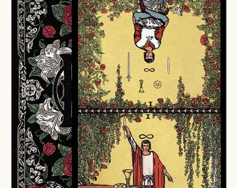 May include: Waite + Smith Mirror Tarot deck featuring The Magician card in upright and inverted positions. The card displays a figure in a red robe with symbols of a sword, cup, pentacle, and wand. The back design features black, red, and white floral patterns.