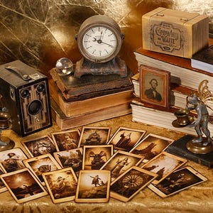May include: A vintage camera, a clock, a stack of books, and a small figurine are arranged on a table with a gold-colored tablecloth. The books have a worn, antique look and are stacked on top of each other. The camera is a black and brown box camera with a lens on the front. The clock is a round, brass clock with Roman numerals. The figurine is a small, gold-colored angel with wings. The table is covered in a gold-colored tablecloth with a pattern of small, white dots.