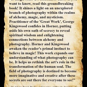 May include: A parchment-style paper with black text exploring the relationship between photography, alchemy, magic, and mysticism. The author is Dr. Glenn Rand, Professor Emeritus of Brooks Institute of Photography.