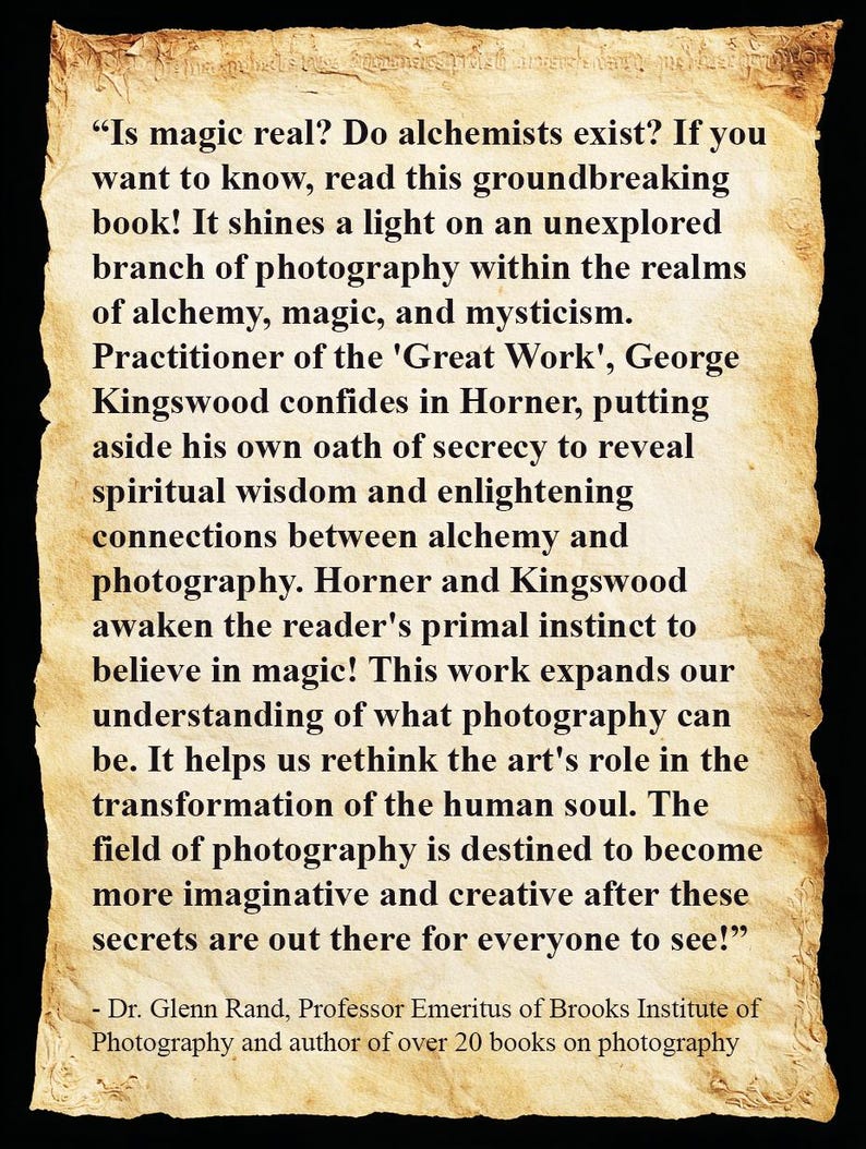May include: A parchment-style paper with black text exploring the relationship between photography, alchemy, magic, and mysticism. The author is Dr. Glenn Rand, Professor Emeritus of Brooks Institute of Photography.