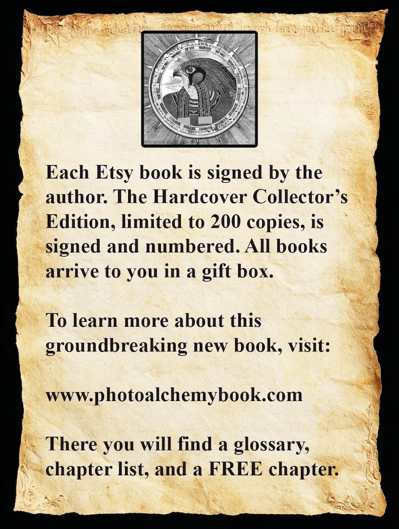 May include: An advertisement on aged paper promoting a signed, limited edition book. The text includes a website address, www.photoalchemybook.com, and a circular illustration.