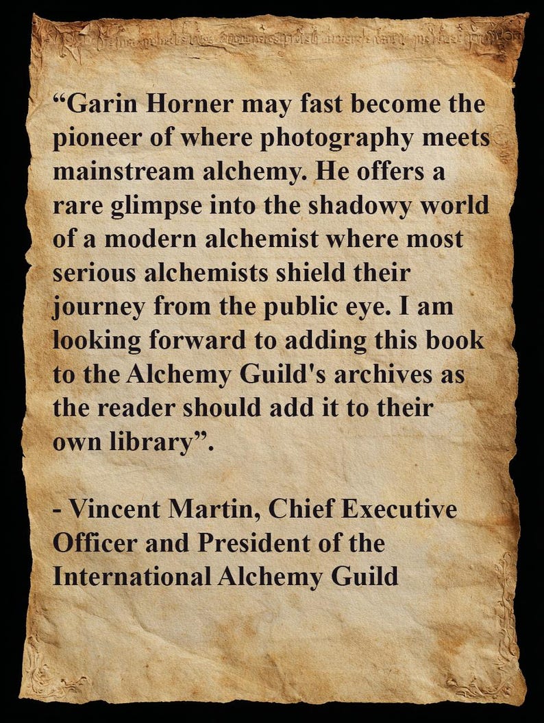 May include: A vintage-style document with black text on a parchment background. The text is a quote about Garin Horner and alchemy, attributed to Vincent Martin, Chief Executive Officer of the International Alchemy Guild. The background is dark.