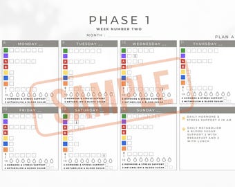May include: A weekly planner with a gray background and a light gray grid. The planner is labeled "Phase 1" and "Week Number Two". The days of the week are listed across the top, and the dates are listed down the side. The planner is divided into sections for each day, with space for notes and tasks. The planner also includes a section for "Plan A" with instructions for taking daily supplements.