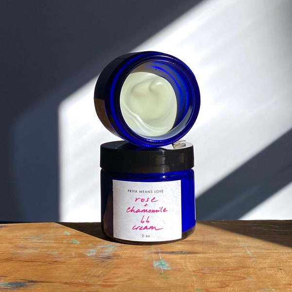 Rose + Chamomile BB Cream - an organic skin perfecting day cream with organic rose sesame elderflowers zinc oxide (2 oz or 1/4 oz glass jar)