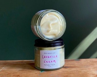 new LAVANILLA hand + body cream — organic lavender and bourbon vanilla for a comforting olfactory hug (2 or 4 oz glass jar)