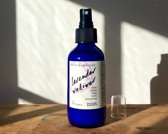 organic Lavender Vetiver linen spray - a calming spray, for pillows, linens, rooms, body, and hair (4 oz atomizer)