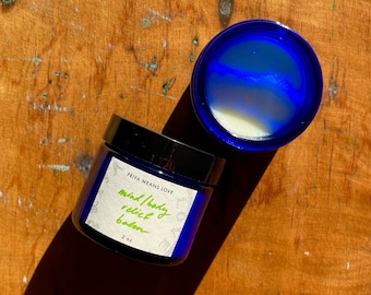 Mind/Body Relief Balm - an organic soothing massage balm for tense muscles and for headaches (2 oz cobalt blue glass jar)