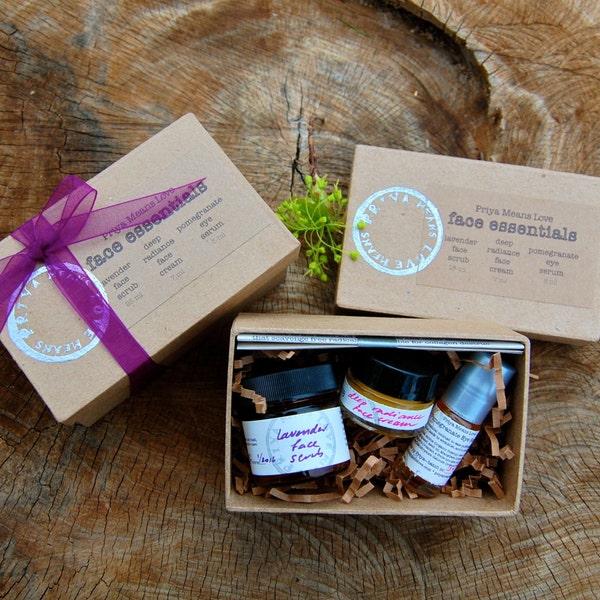 Face Essentials Kit - a gift box filled with small versions of Deep Radiance Face Cream, Lavender Face Scrub, and Pomegranate Eye Serum