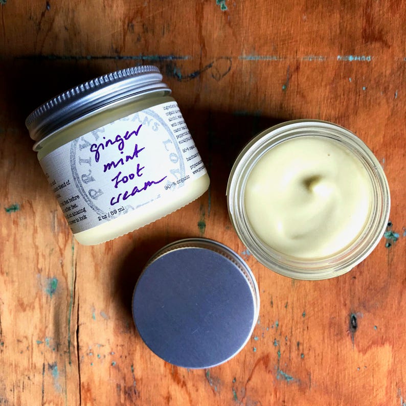 Ginger Mint Foot Cream an organic vegan warming tingly moisturizer for achy feet 2 oz / 4 oz glass jar image 1