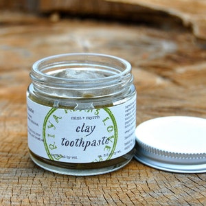Mint + Myrrh Clay Toothpaste - all natural, organic toothpaste with bentonite, stevia, lemon, and fennel (2 oz jar / 3+ oz by weight)