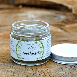 Mint + Myrrh Clay Toothpaste - all natural, organic toothpaste with bentonite, stevia, lemon, and fennel (2 oz jar / 3+ oz by weight)