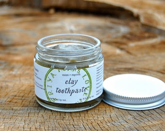 Mint + Myrrh Clay Toothpaste - all natural, organic toothpaste with bentonite, stevia, lemon, and fennel (2 oz jar / 3+ oz by weight)