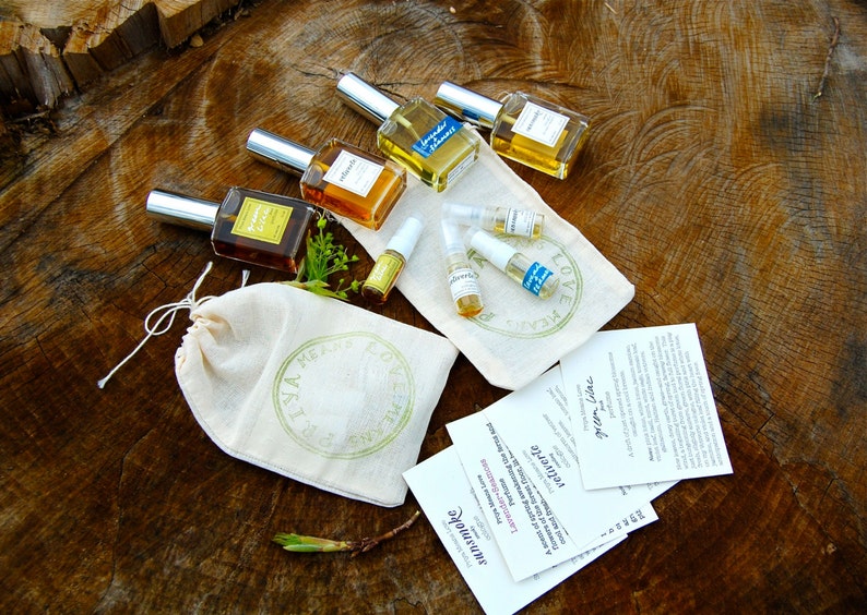 Natural Perfume Cologne sample set fresh organic unisex fragrances 1 ml samples in a muslin bag image 5