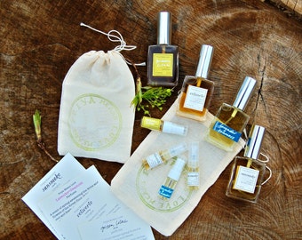 Natural Perfume + Cologne sample set - fresh organic unisex fragrances (1 ml samples in a muslin bag)