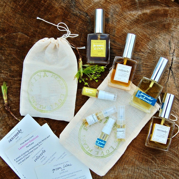 Natural Perfume + Cologne sample set - fresh organic unisex fragrances (1 ml samples in a muslin bag)