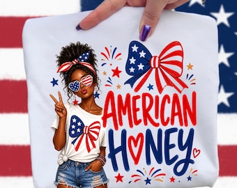 American Honey PNG, Patriotic Black Girl 4th of July Shirt PNG, Melanin Sublimation Designs, Afro Girl Americana Heat Transfer