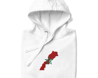Sudadera con capucha bordada con el mapa de Marruecos, sudadera con capucha estilo urbano marroquí, sudadera con capucha con el contorno de la bandera, sudadera con capucha de moda cultural, idea de regalo unisex