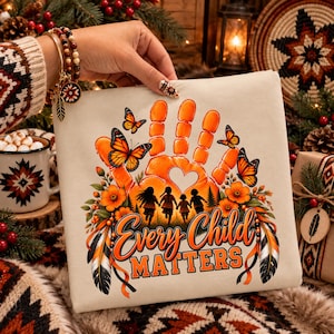 May include: A cream-colored sweatshirt featuring a graphic of an orange handprint with a heart cutout, four silhouettes of children, monarch butterflies, orange flowers, and feathers. The text reads Every Child MATTERS in orange and black lettering.