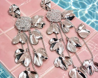 Silver Long Drop Earrings: Floral Chandelier Dangle Earrings
