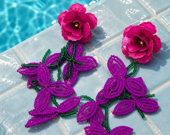 Beaded Flower Statement Earrings: Purple Floral Boho Chic Jewelry