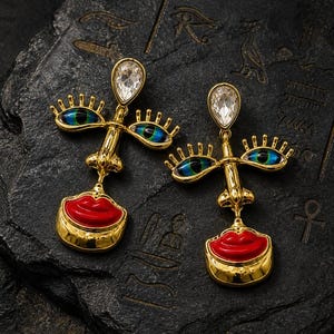 May include: A pair of gold-toned earrings with a face design. Each earring features a teardrop-shaped clear gem, blue and green eyes, and red lips. The earrings are displayed on a dark, textured surface with engraved symbols.