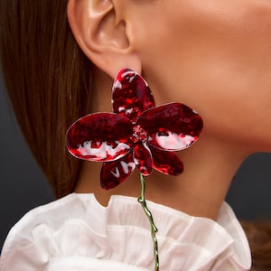 Red Orchid Statement Earrings: Enamel Floral Dangle Jewelry