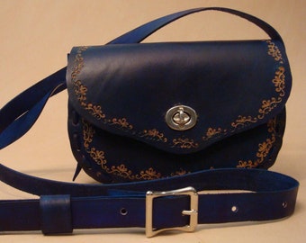 Lyn Tooled Blue Leather Bag - Hand Tooled Leather Purse - Tooled Leather Crossbody - Custom Tooled Leather Shoulder Bag - SND Border
