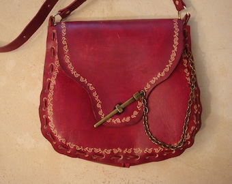 Kim Tooled Red Leather Bag - Hand Tooled Leather Purse - Tooled Leather Crossbody - Custom Leather Shoulder Bag - Scroll Border