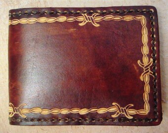 Tooled Leather Wallet - Custom Leather Wallet - Handmade Leather Wallet - Personalized Leather Wallet with Barbed Wire
