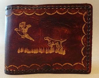 Tooled Leather Wallet - Custom Leather Wallet - Handmade Leather Wallet - Personalized Leather Wallet with Hunting Dog and Pheasant