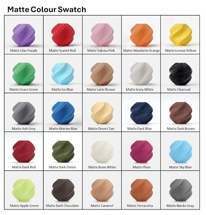 May include: A grid of twenty-five matte-finish twisted spherical beads in various colors, labeled with text including Matte Lilac Purple, Scarlet Red, Sakura Pink, Mandarin Orange, Lemon Yellow, Grass Green, Ice Blue, Latte Brown, Ivory White, and Charcoal.