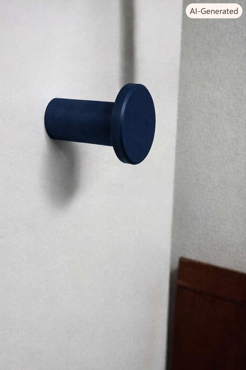 May include: A dark navy blue wall hook with a cylindrical base and a flat, circular front face. The hook is mounted horizontally, extending outward from a light-colored wall surface, featuring a smooth, matte finish throughout its design.