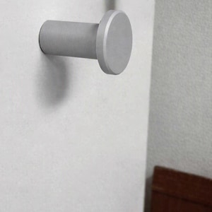May include: A cylindrical wall hook with a matte silver finish, featuring a flat circular front face and a sturdy stem extending from the center. The hook is mounted horizontally, providing a simple and functional design for hanging various items.