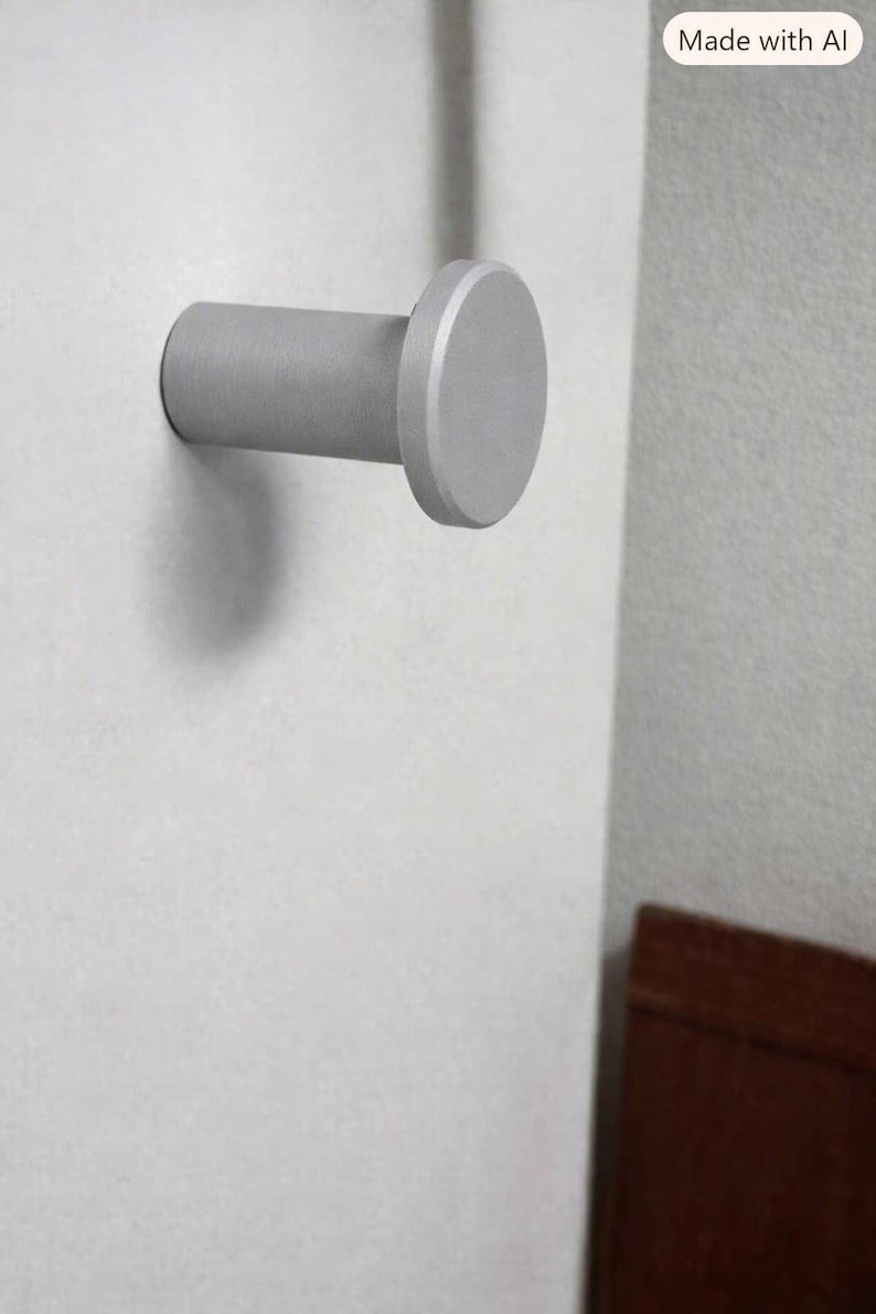 May include: A cylindrical wall hook with a matte silver finish, featuring a flat circular front face and a sturdy stem extending from the center. The hook is mounted horizontally, providing a simple and functional design for hanging various items.
