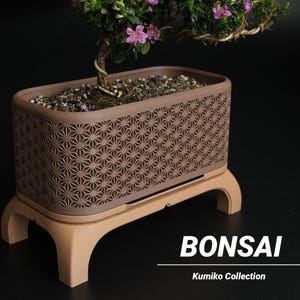 May include: A brown bonsai pot with a geometric design, containing a small bonsai tree with pink flowers. The pot rests on a light brown stand. The word "BONSAI" is displayed in white text.