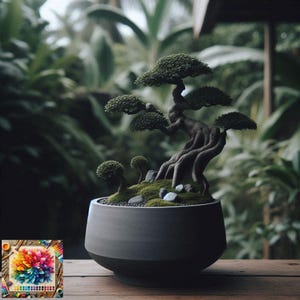May include: A miniature bonsai tree in a dark grey ceramic pot. The tree has a twisted trunk and lush green foliage. Small, round trees and rocks are nestled in the mossy base. The background is blurred with green foliage.