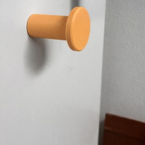 May include: A cylindrical wall hook with a flat, circular front face. The hook is finished in a solid, matte orange color and features a smooth, uniform texture across its entire surface, extending outward from the mounting point on the wall.