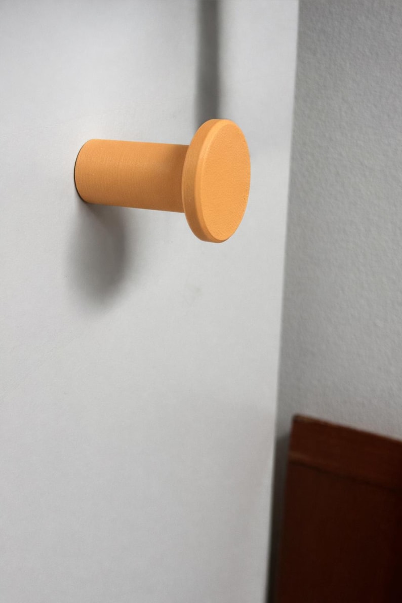 May include: A cylindrical wall hook with a flat, circular front face. The hook is finished in a solid, matte orange color and features a smooth, uniform texture across its entire surface, extending outward from the mounting point on the wall.