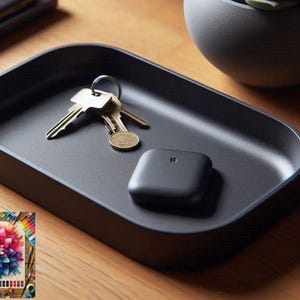 May include: A matte black, oval-shaped valet tray with rounded edges. Inside the tray, there is a set of silver-coloured metal keys on a circular ring and a small, square, matte black electronic device with a tiny square icon on its surface.