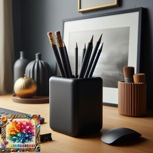 May include: A black square pencil pot filled with pencils, set on a wooden desk. The pencils have black barrels and gold accents. A computer mouse and a small painting with a colourful floral design are also on the desk.