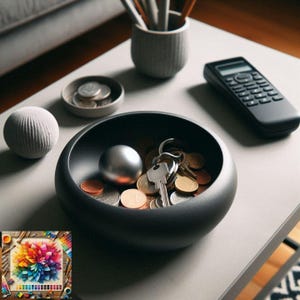 May include: A dark grey bowl containing coins, keys, and a silver sphere is on a light grey table. A small dish with coins, a textured grey sphere, a pencil holder, and a black phone are also present. The scene is well-lit.