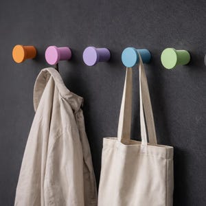 May include: A row of six cylindrical wall hooks in orange, pink, lavender, light blue, light green, and black. A beige jacket hangs from the pink hook, and a plain off-white canvas tote bag hangs from the light blue hook on the dark wall.