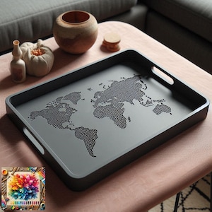 May include: A rectangular black serving tray featuring a detailed world map graphic composed of small dots on its base. The tray has integrated handles on two sides and a smooth matte finish, presenting a clean and functional design.