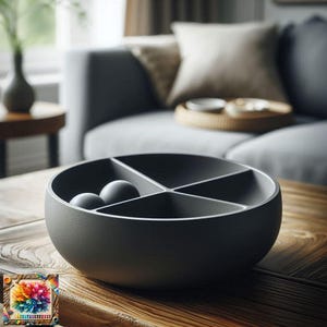 May include: A dark grey, segmented bowl with two grey spheres inside, resting on a wooden table. The bowl is divided into four sections. The background includes a grey sofa and decorative items.