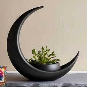 Crescent Moon Decoration With Elliptical Plant Pot, Dried Flowers Planter, Artistic Modern Planter