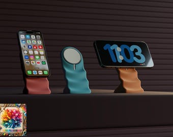 May include: Three phone stands in a row. The first is holding a phone with a colorful app screen, the second is a blue stand with a white circle, and the third is holding a phone displaying the time. All stands are on a dark surface.