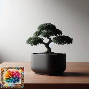May include: A miniature bonsai tree with dark green foliage and a brown trunk is potted in a dark grey rectangular container. The pot rests on a wooden surface. A colourful painting of a flower is in the lower left corner.